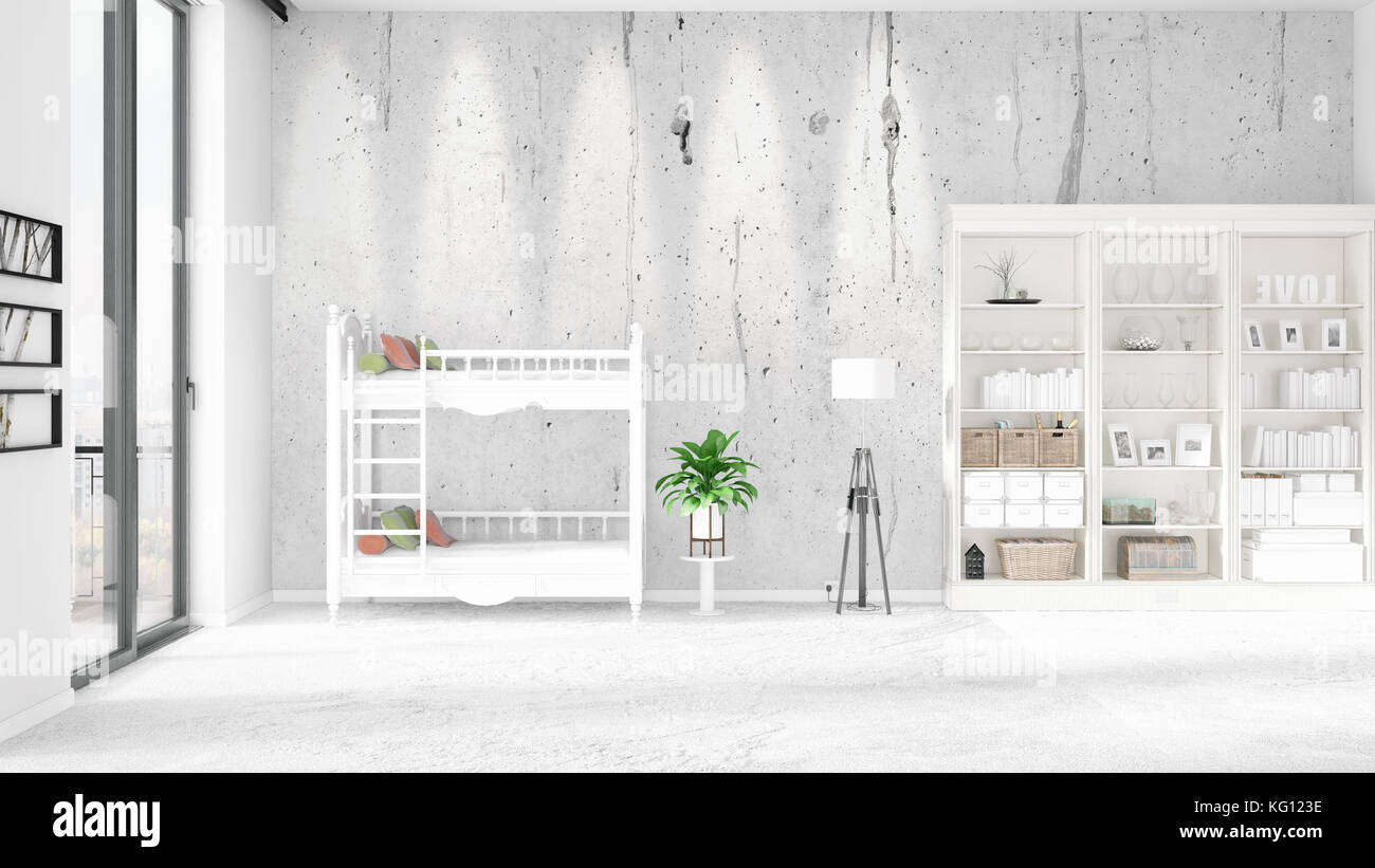 Scene with brand new interior in vogue with white rack and baby bed. 3D