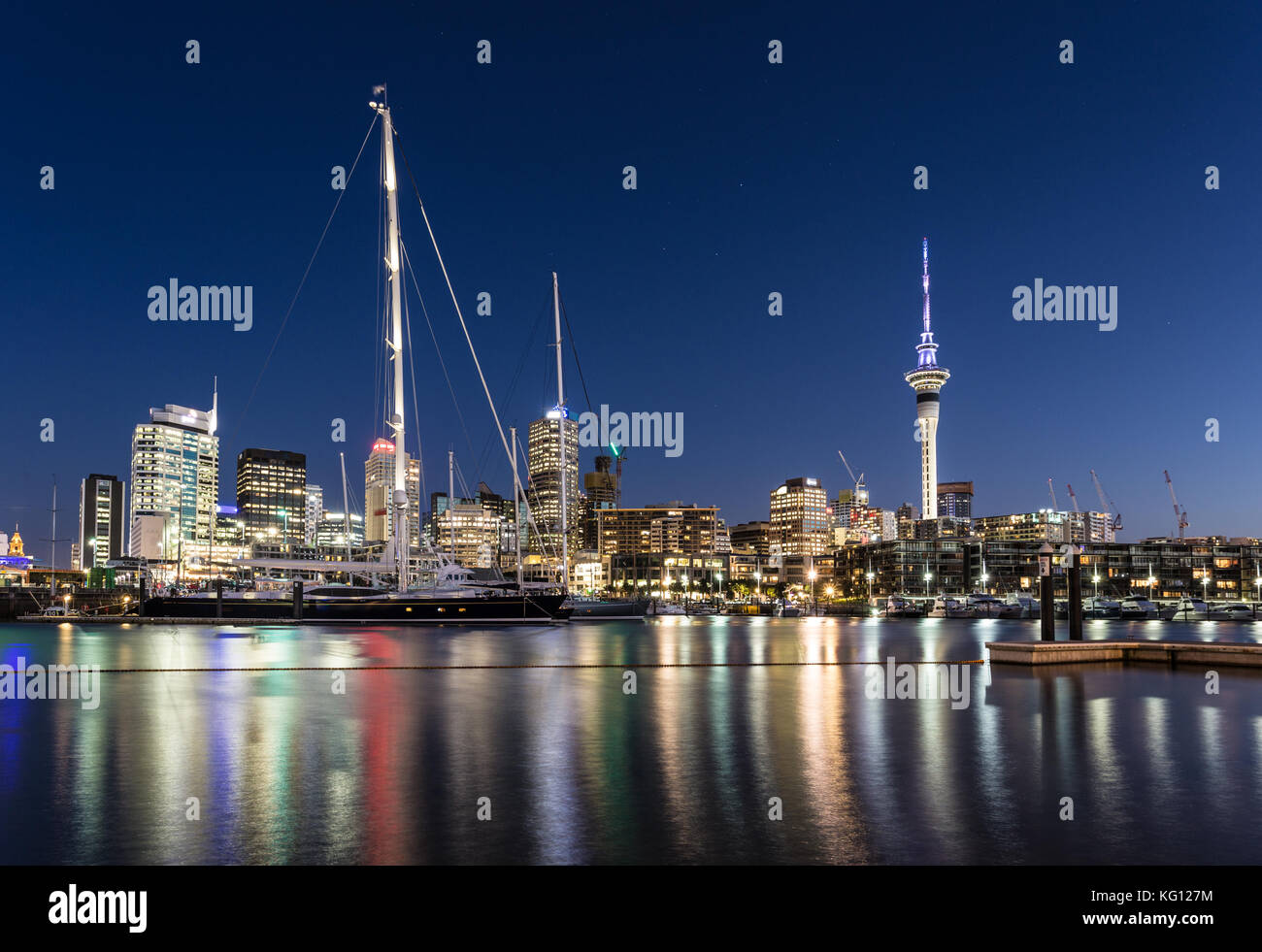 Auckland cityscape at night from the Viaduct Harbor marina with the ...