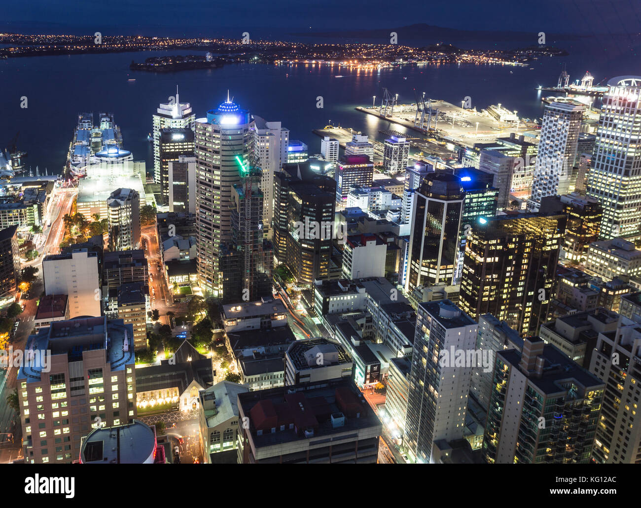 Aerial night view of Auckland financial and business district in New Zealand largest city by the Haruki gulf Stock Photo