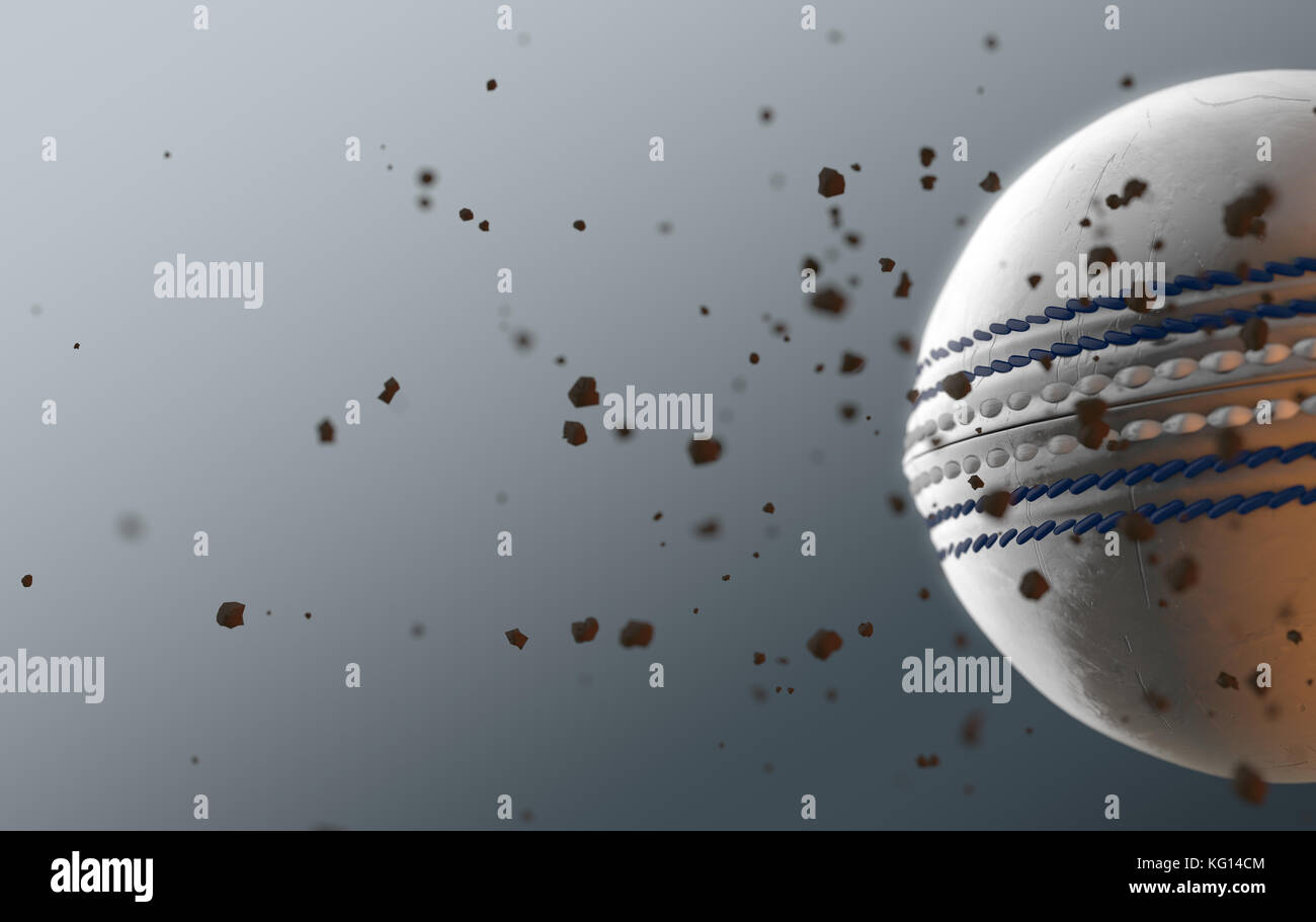 A dirty white leather cricket ball caught in slow motion flying through the air scattering dirt particles in its wake - 3D render Stock Photo