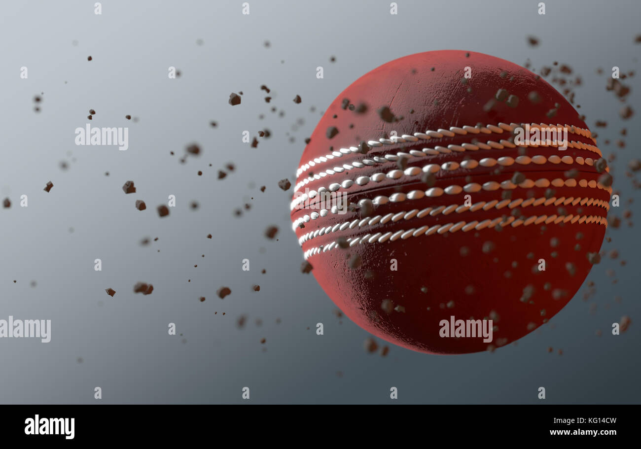 A dirty red leather cricket ball caught in slow motion flying through the air scattering dirt particles in its wake - 3D render Stock Photo