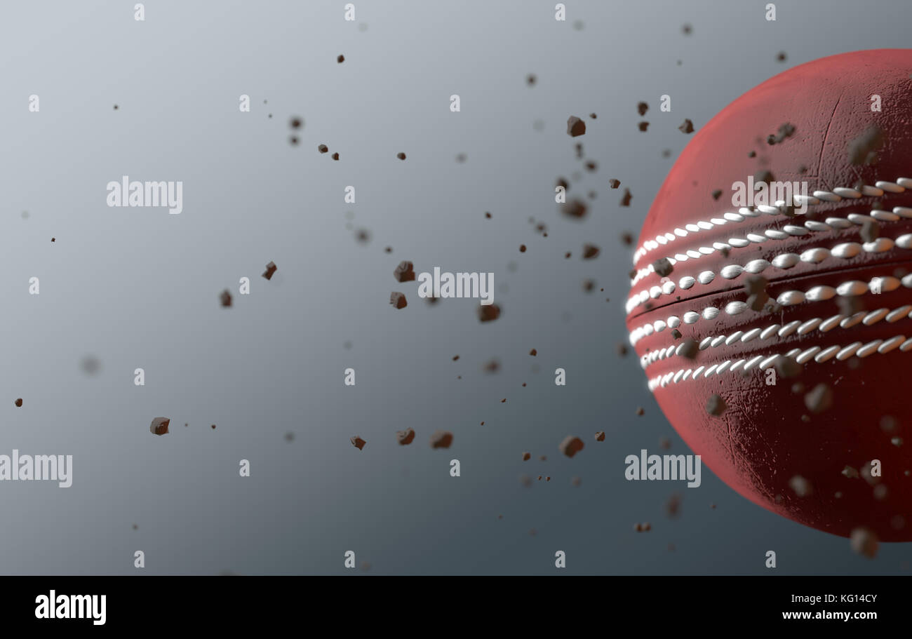 A dirty red leather cricket ball caught in slow motion flying through the air scattering dirt particles in its wake - 3D render Stock Photo