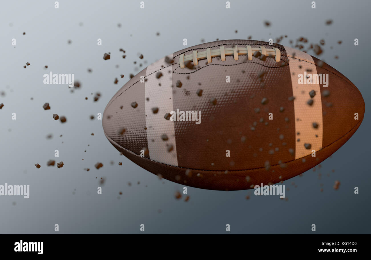 A dirty football ball caught in slow motion flying through the air scattering dirt particles in its wake - 3D render Stock Photo