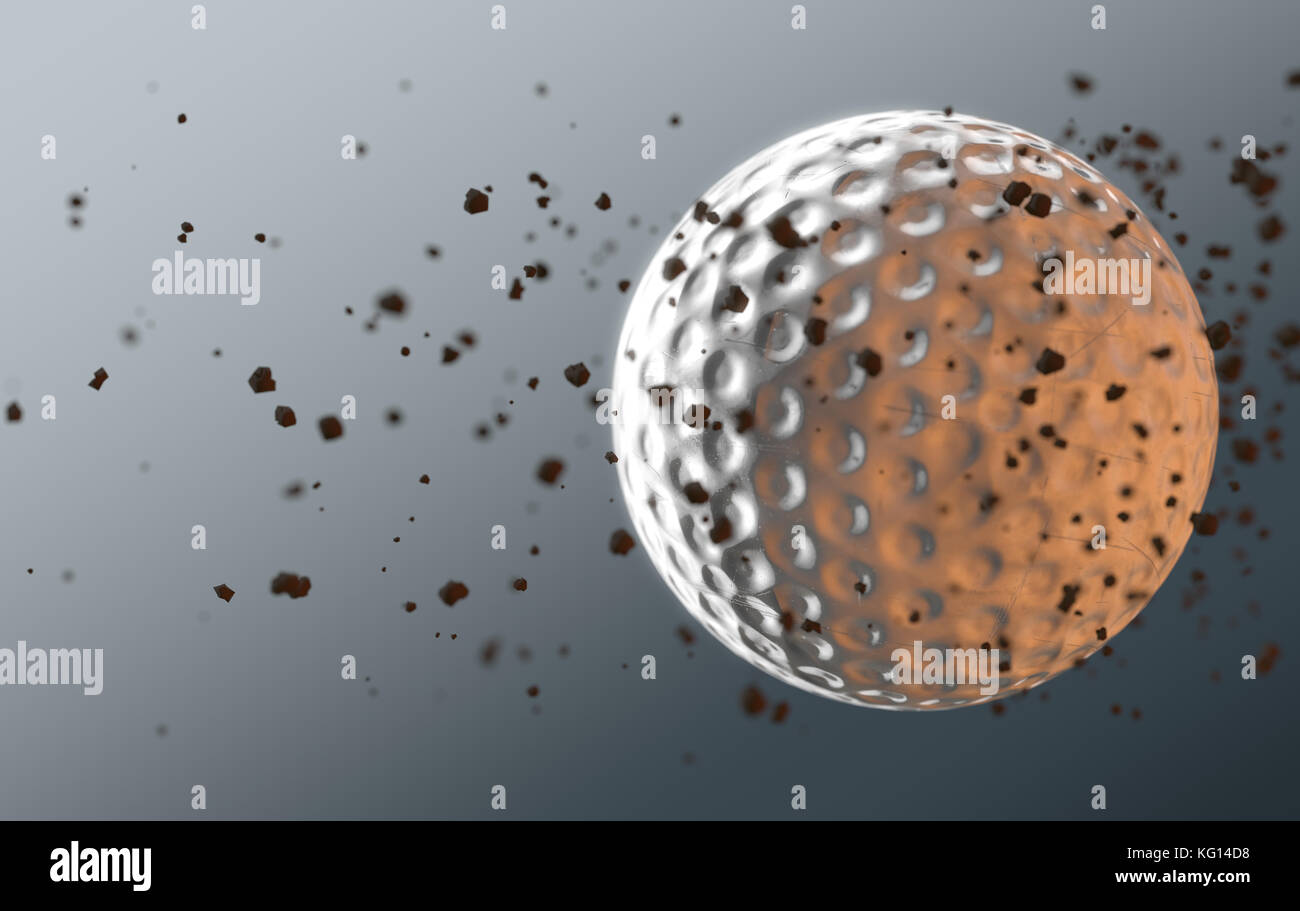 A dirty golf ball caught in slow motion flying through the air scattering dirt particles in its wake - 3D render Stock Photo