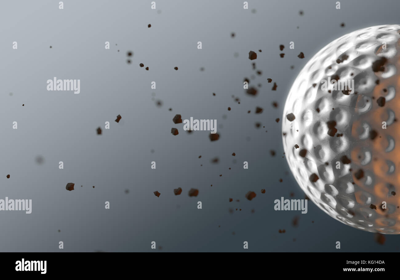 A dirty golf ball caught in slow motion flying through the air scattering dirt particles in its wake - 3D render Stock Photo