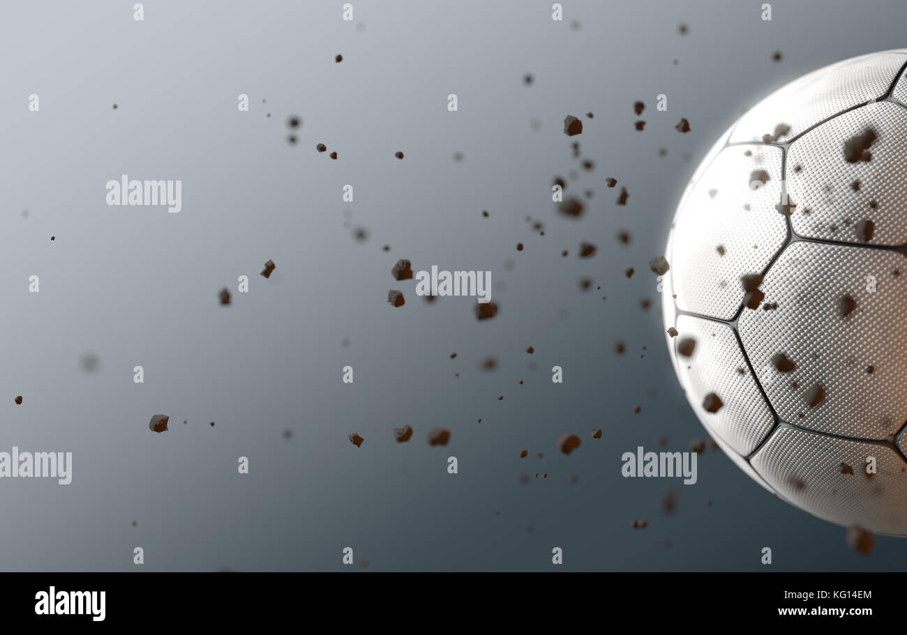 A dirty white panelled soccer ball caught in slow motion flying through the air scattering dirt particles in its wake - 3D render Stock Photo