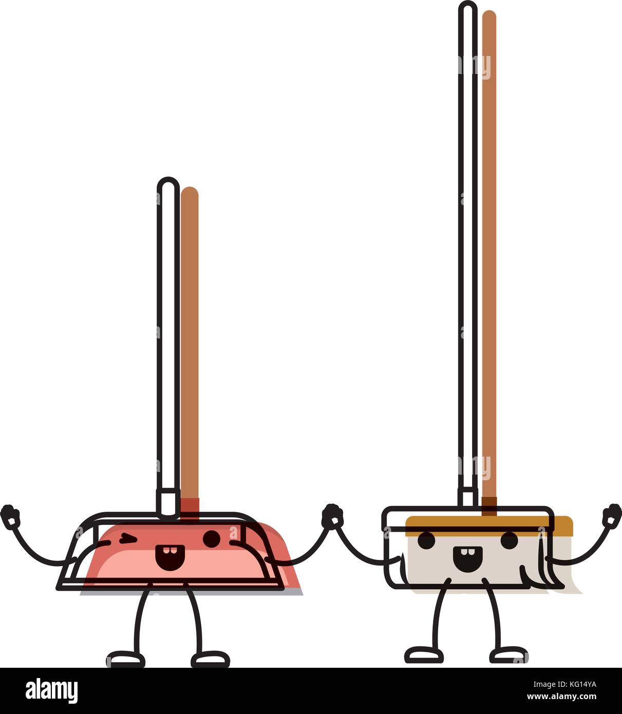 kawaii cartoon broom and dustpan holding hands in colorful watercolor