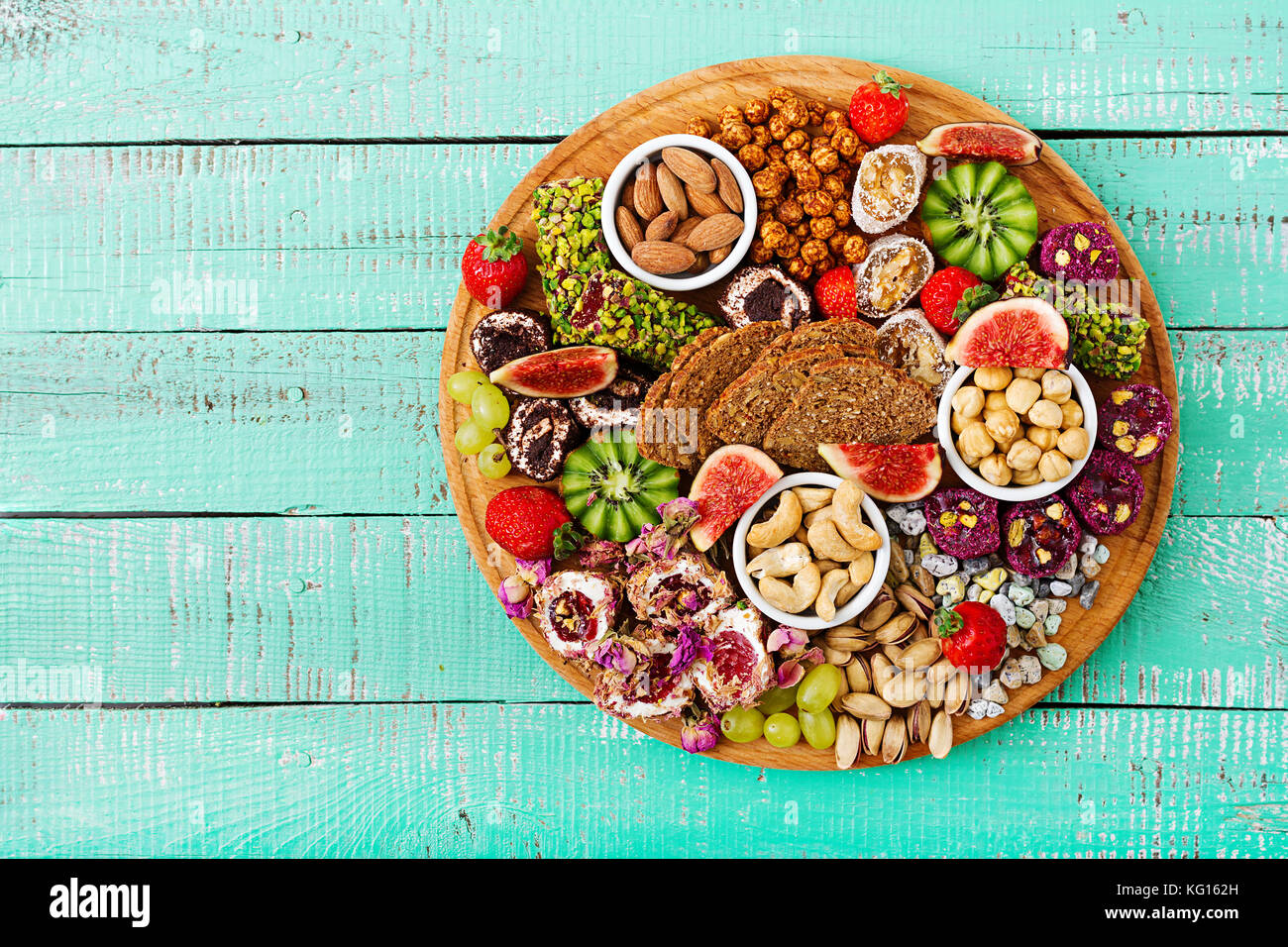 Mix fruits and nuts, healthy diet, Turkish sweets, eating lean. Flat