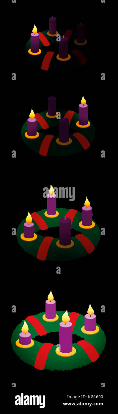 Advent wreath with one, two, three, four burning candles in chronological  order on first, second, third and fourth Sunday of Advent Stock Photo -  Alamy