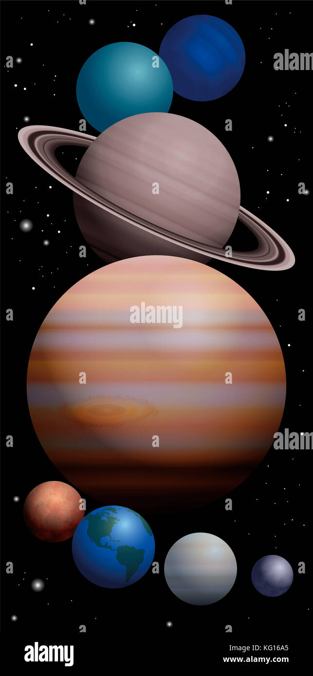 Planet cluster of our solar system with approximate relation in size - Mercury, Venus, Earth, Mars, Jupiter, Saturn, Uranus, Neptune. Stock Photo