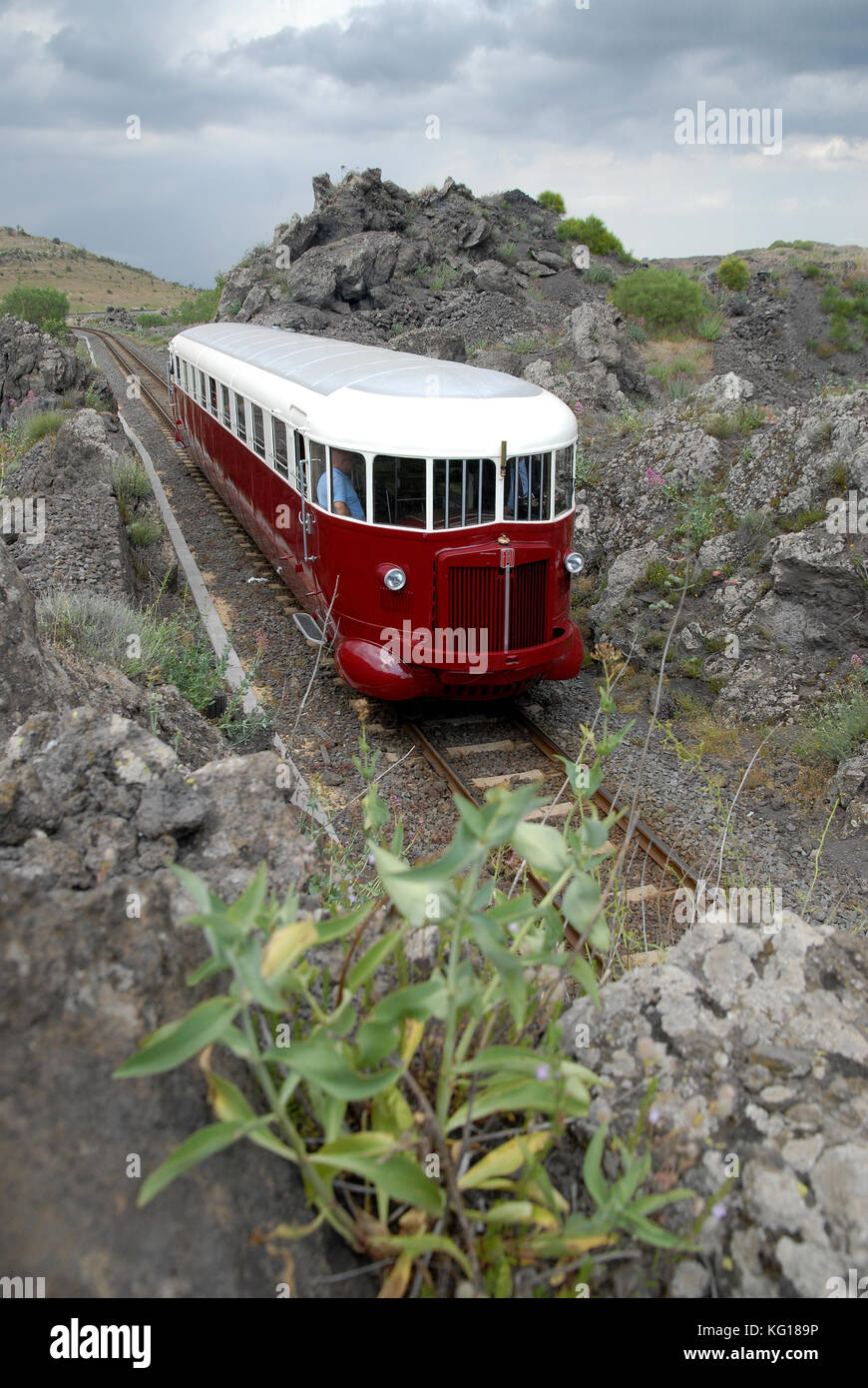 Catania, Italy - June 03, 2008: Tourist railway Circumetnea. The historic train Fiat, named Littorina, that travels around the Etna volcano, in the mi Stock Photo