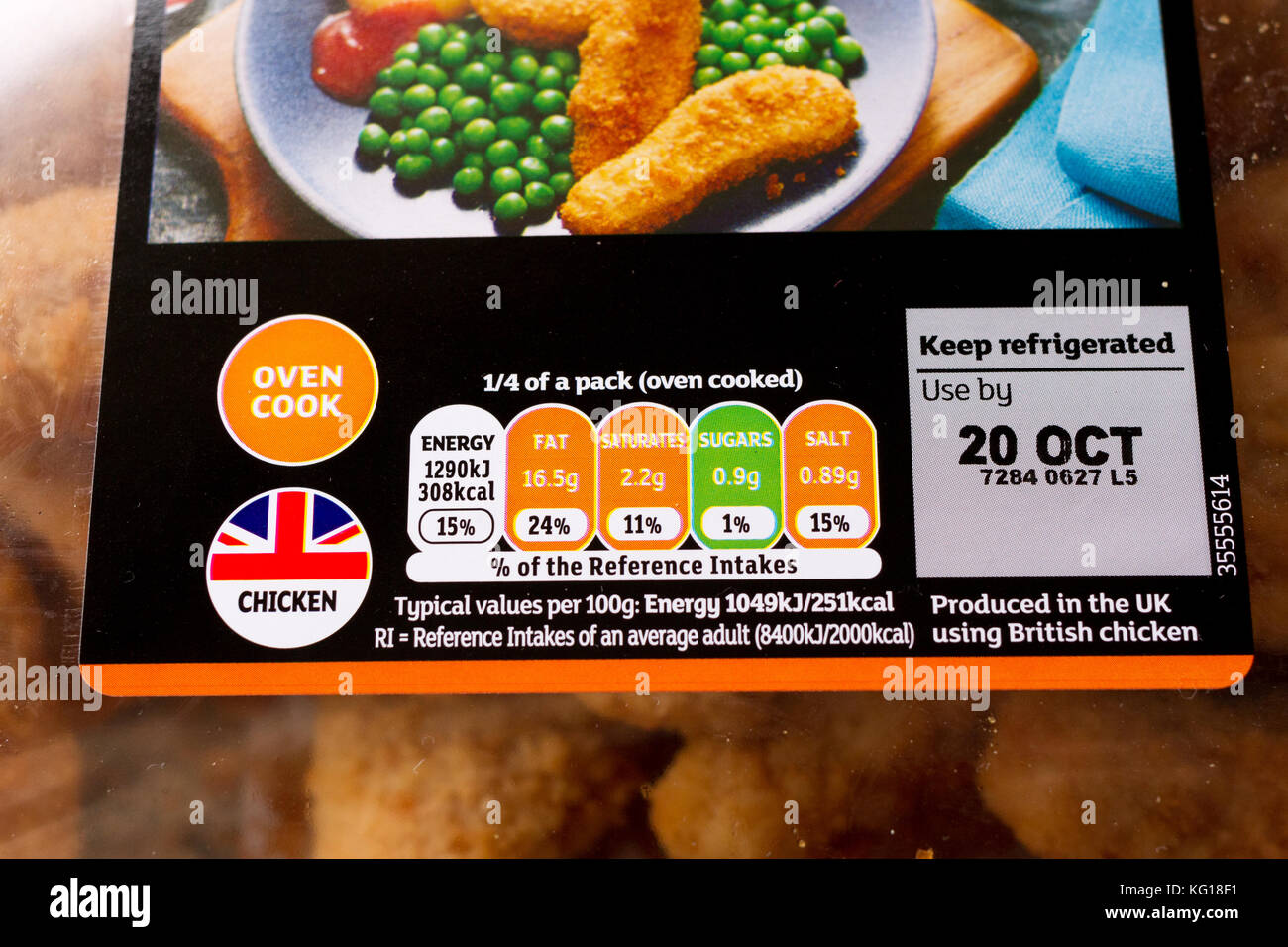 Close up of food label nutritional information & use by date on a pack of Sainsbury's chicken goujons Stock Photo