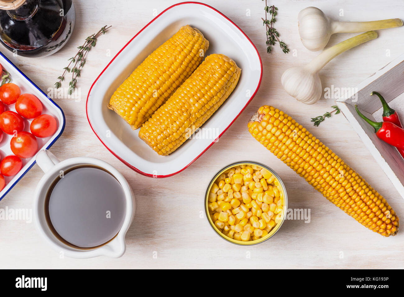 Ingredients for corn soup or stew ear of corn, canned and cooked corn