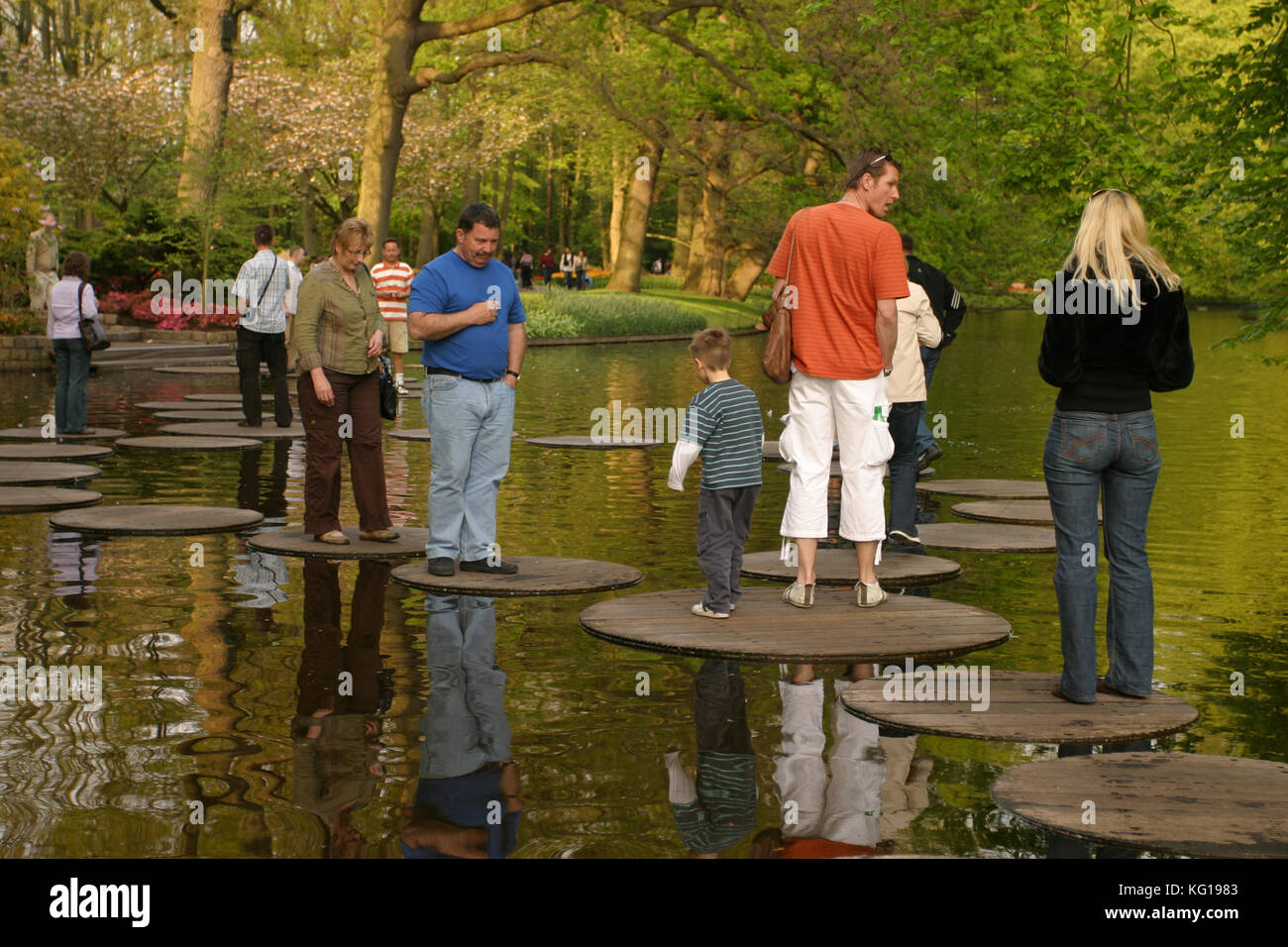 Tourists Walking On Wooden Stepping Stones Springtime In The Keukenhof Gardens Lisse The Netherlands Also Known As The Garden Of Europe Is One Of The World S Largest Flower Gardens Stock Photo