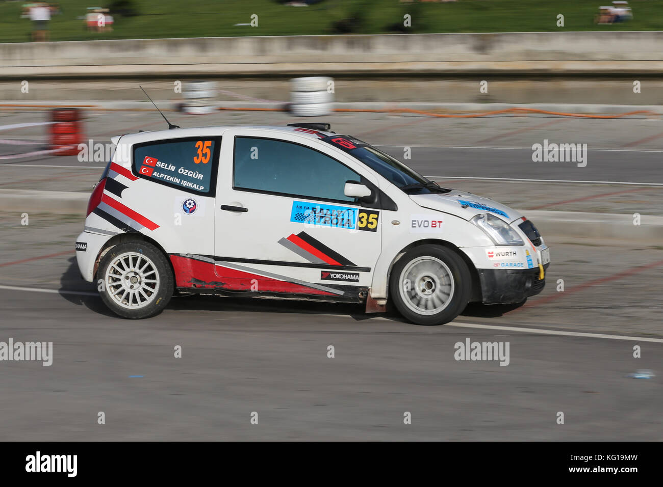 CANAKKALE, TURKEY - JULY 01, 2017: Alptekin Isikalp drives Citroen C2 in Rally Troia Stock Photo