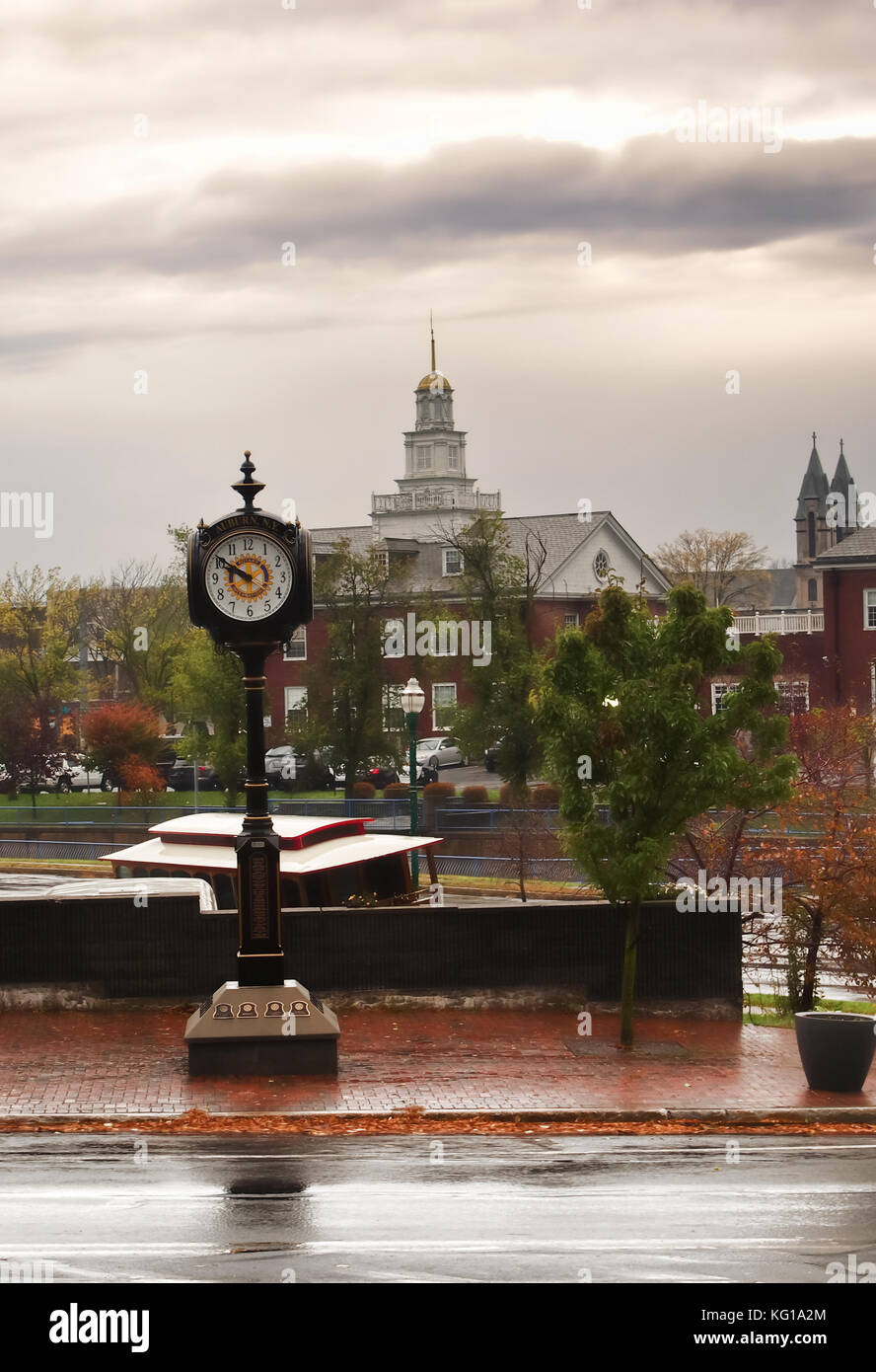 Auburn , New York, USA. View of the city of Auburn, New York from Loop Street, looking west, toward the city with decorative clock and Auburn City Cle Stock Photo