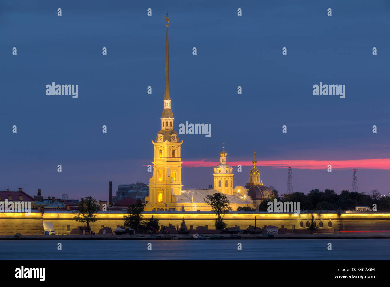 Night view on the illuminated Peter and Paul Fortress and Neva River, St. Petersburg, Russia Stock Photo