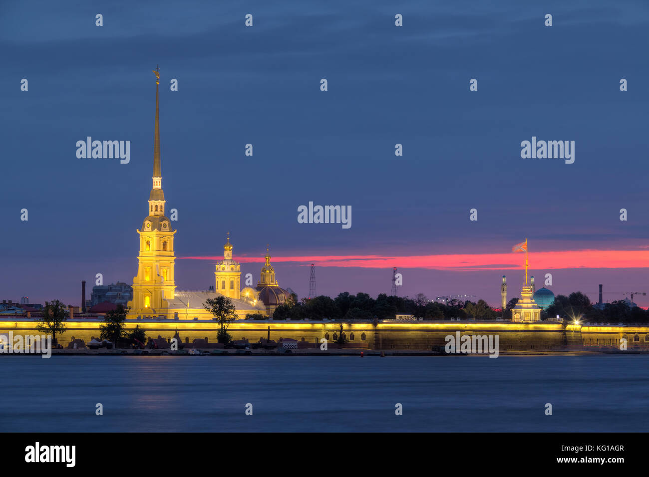 Night view on the illuminated Peter and Paul Fortress and Neva River, St. Petersburg, Russia Stock Photo