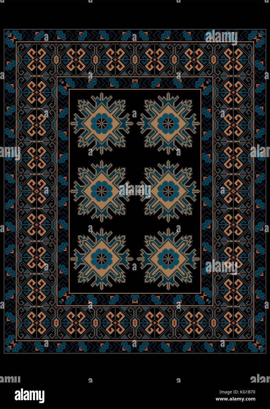 Luxury carpet in blue shades with ethnic ornament on the border and the ...