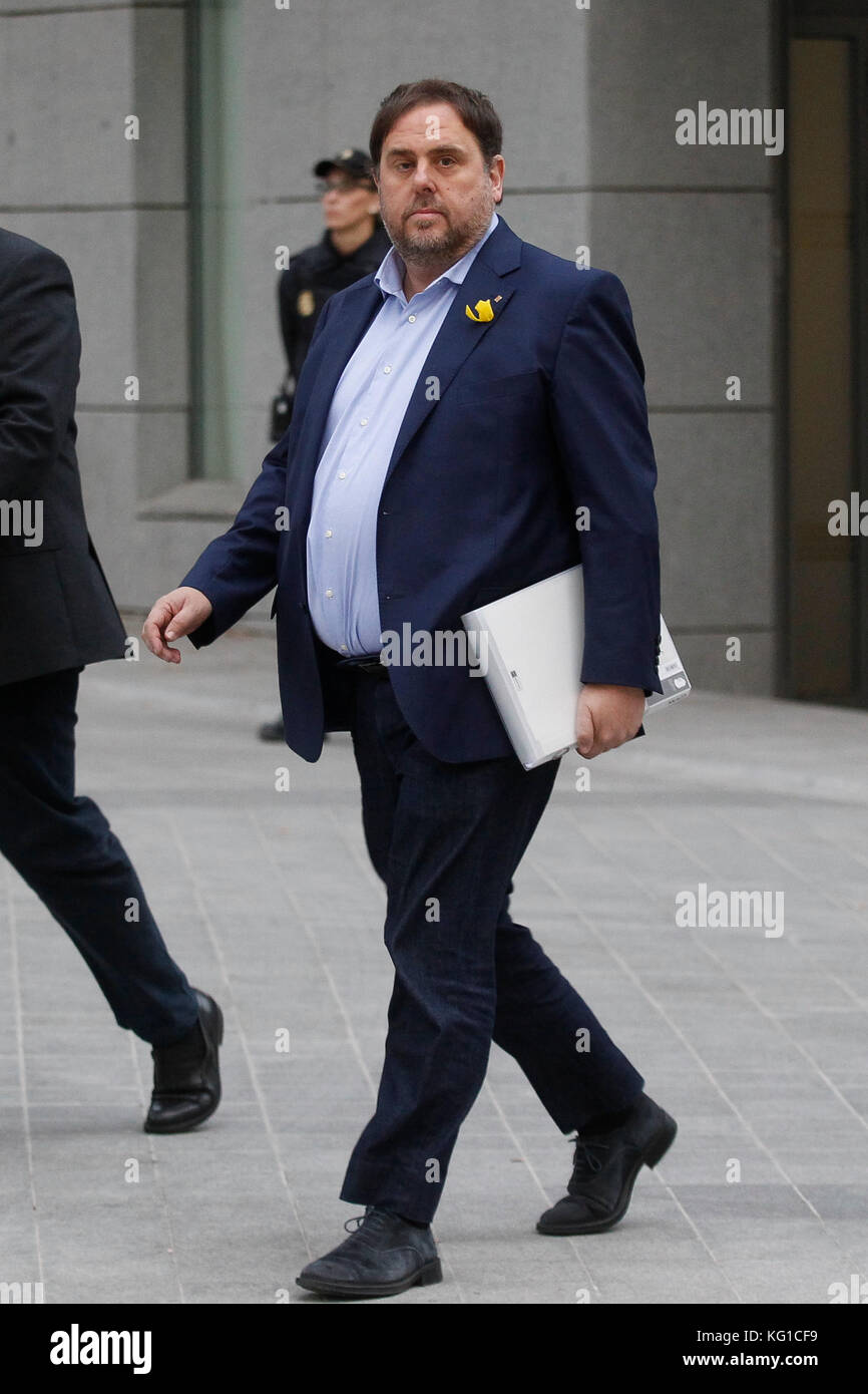 Madrid, Spain. 02nd Nov, 2017. ERC President Oriol Junqueras arrives to National Court to declare about Catalonia´s independency process, in Madrid, on Thursday 02, November 2017. Credit: Gtres Información más Comuniación on line, S.L./Alamy Live News Stock Photo