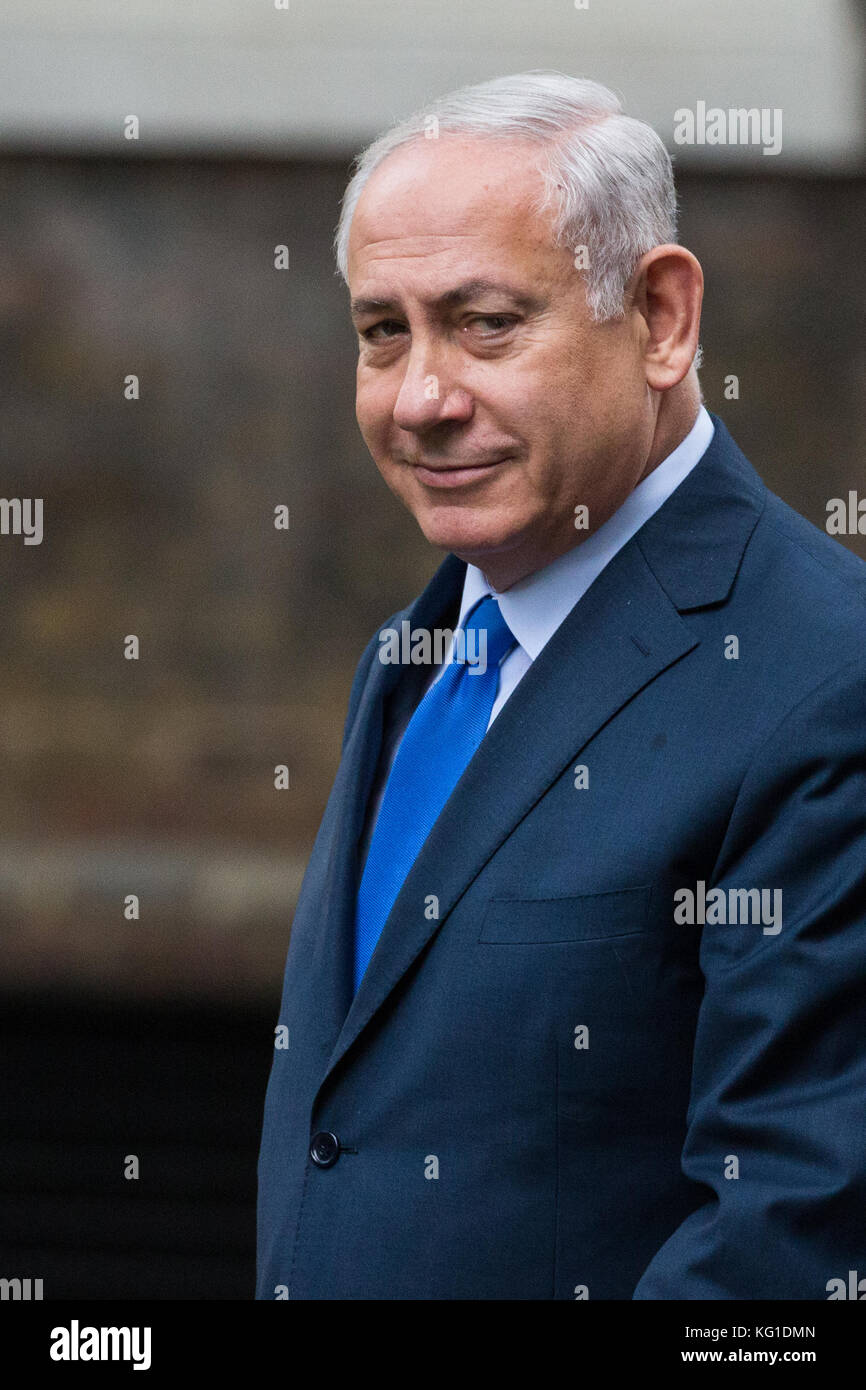 London, UK. 2nd Nov, 2017. Prime Minister Benjamin Netanyahu of Israel arrives at 10 Downing Street to meet Prime Minister Theresa May on the centenary of the Balfour declaration. Credit: Mark Kerrison/Alamy Live News Stock Photo