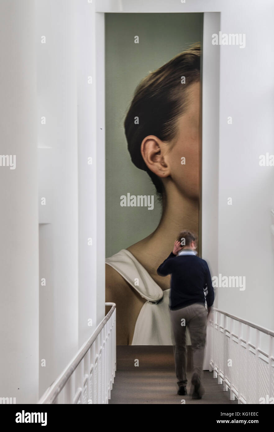 A man leaving the exhibition "Jil Sander" in the Museum für Angewandte  Kunst ('Museum of Applied Art') in Frankfurt am Main, Germany, 02 November  2017. Designs by Jil Sander are the focus