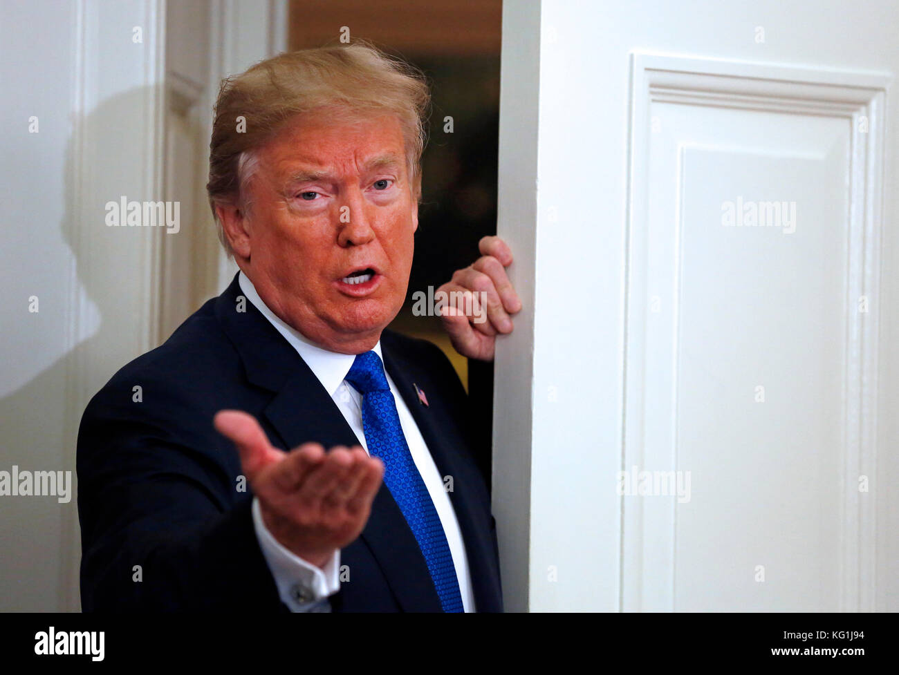 United States President Donald J Trump Gestures To Reporters