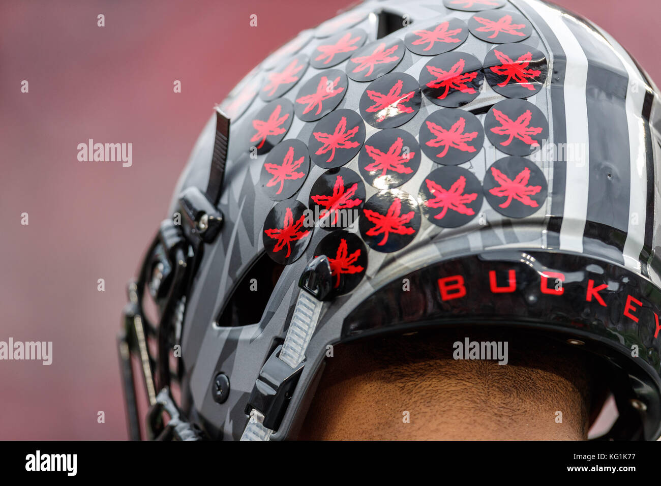 Ohio Stadium, Columbus, OH, USA. 28th Oct, 2017. A detailed view of red buckeye stickers on the back of the new wolf grey helmets before an NCAA football game between the Ohio State Buckeyes and the Penn State Nittany Lions at Ohio Stadium, Columbus, OH. Adam Lacy/CSM/Alamy Live News Stock Photo