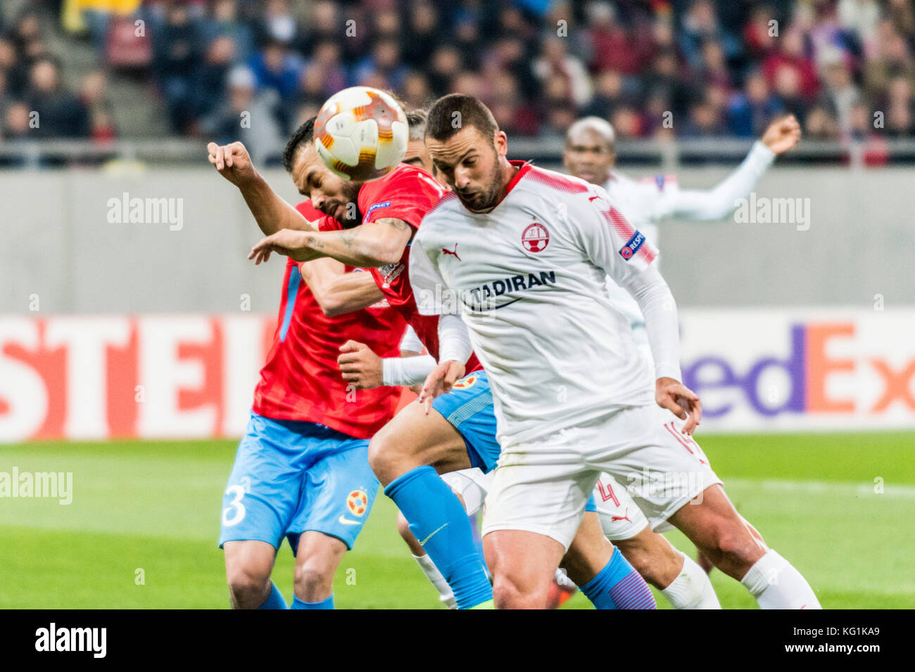 November 2, 2017: Ben Sahar #14 (Hapoel Beer-Sheva) and Ionut Larie #3 (FCSB Bucharest)  during the UEFA Europa League 2017-2018, Group Stage, Groupe G game between FCSB Bucharest (ROU) and Hapoel Beer-Sheva FC (ISR) at National Arena Stadium, Bucharest,  Romania ROU. Foto: Cronos/Catalin Soare Stock Photo
