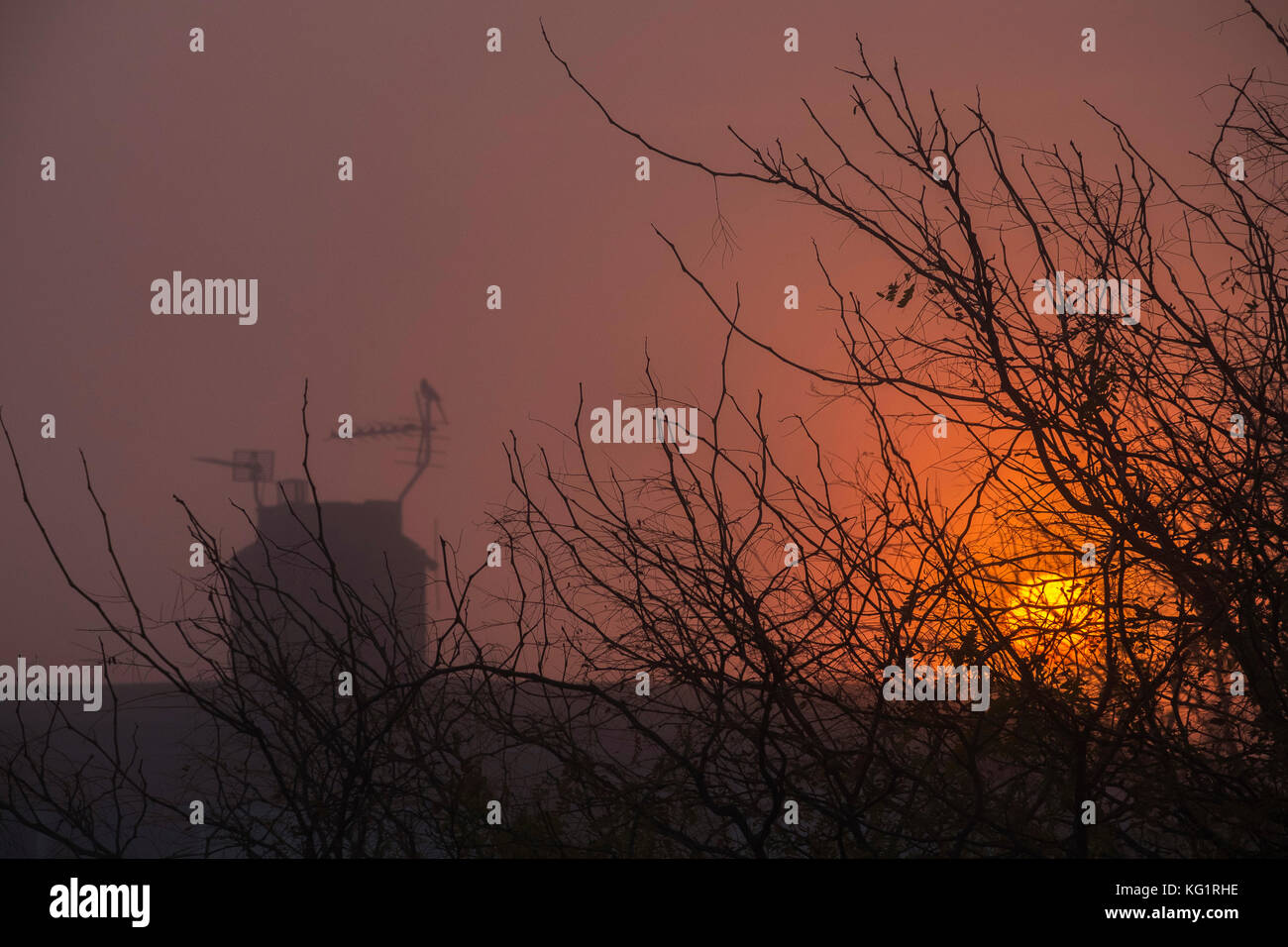 London Borough of Merton, UK. 3 November, 2017. A thick bank of fog approaches Morden as rush hour begins, creating a dramatic orange sunrise. Credit: Malcolm Park/Alamy live News. Stock Photo