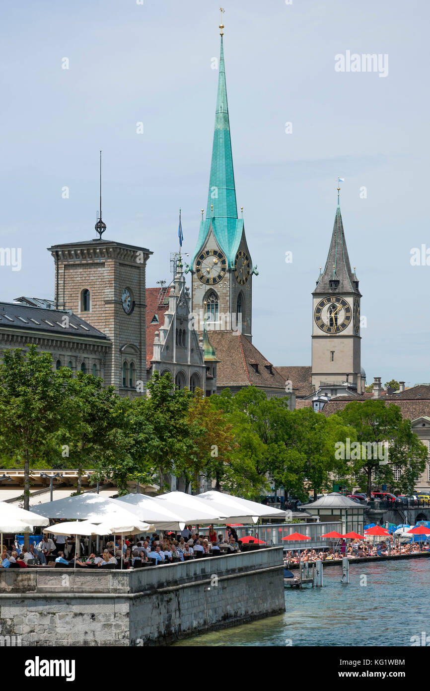 Zürich, Schweiz :  Bauschänzli - Frauenbad - Fraumünster - St. Peter - Limmat  Switzerland Stock Photo