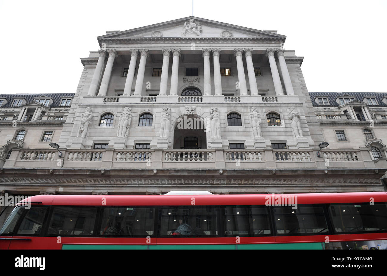A London bus passes the Bank of England in London, which has hiked interest rates to 0.5% in the first rise for over a decade and signalled more increases are on the way as it looks to cool surging inflation. Stock Photo