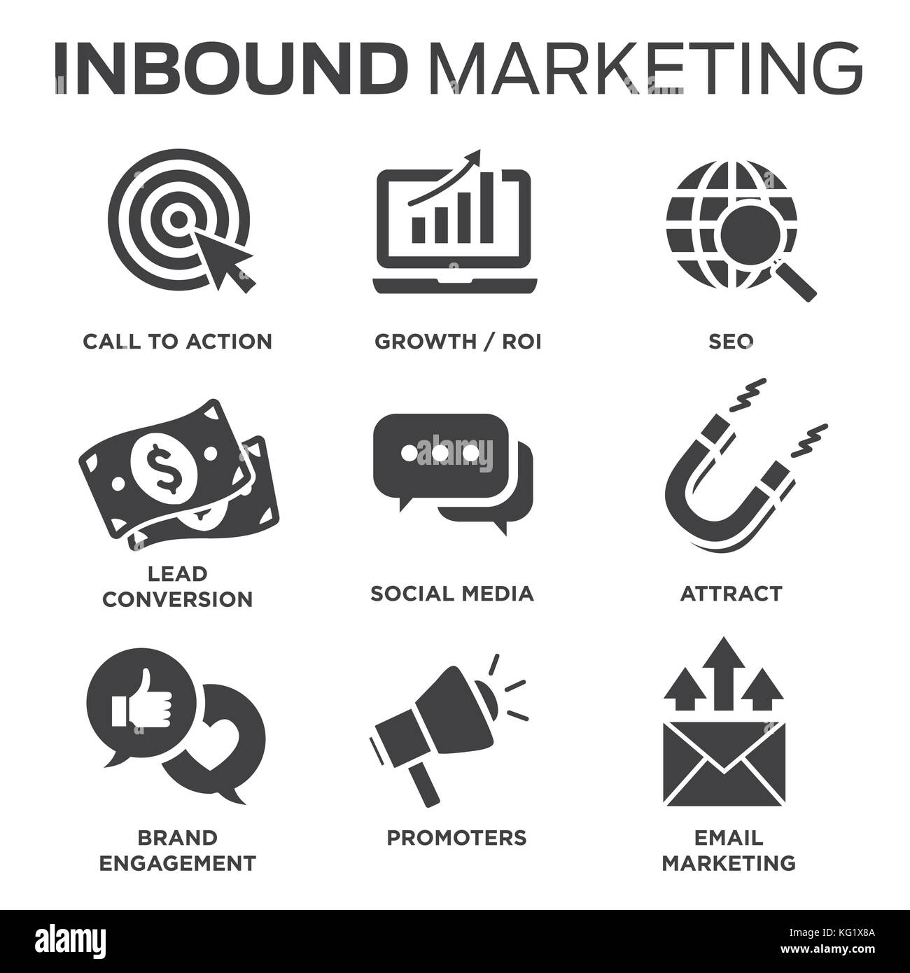 Solid inbound marketing vector icon set - CTAs, social media, magnet Stock Vector