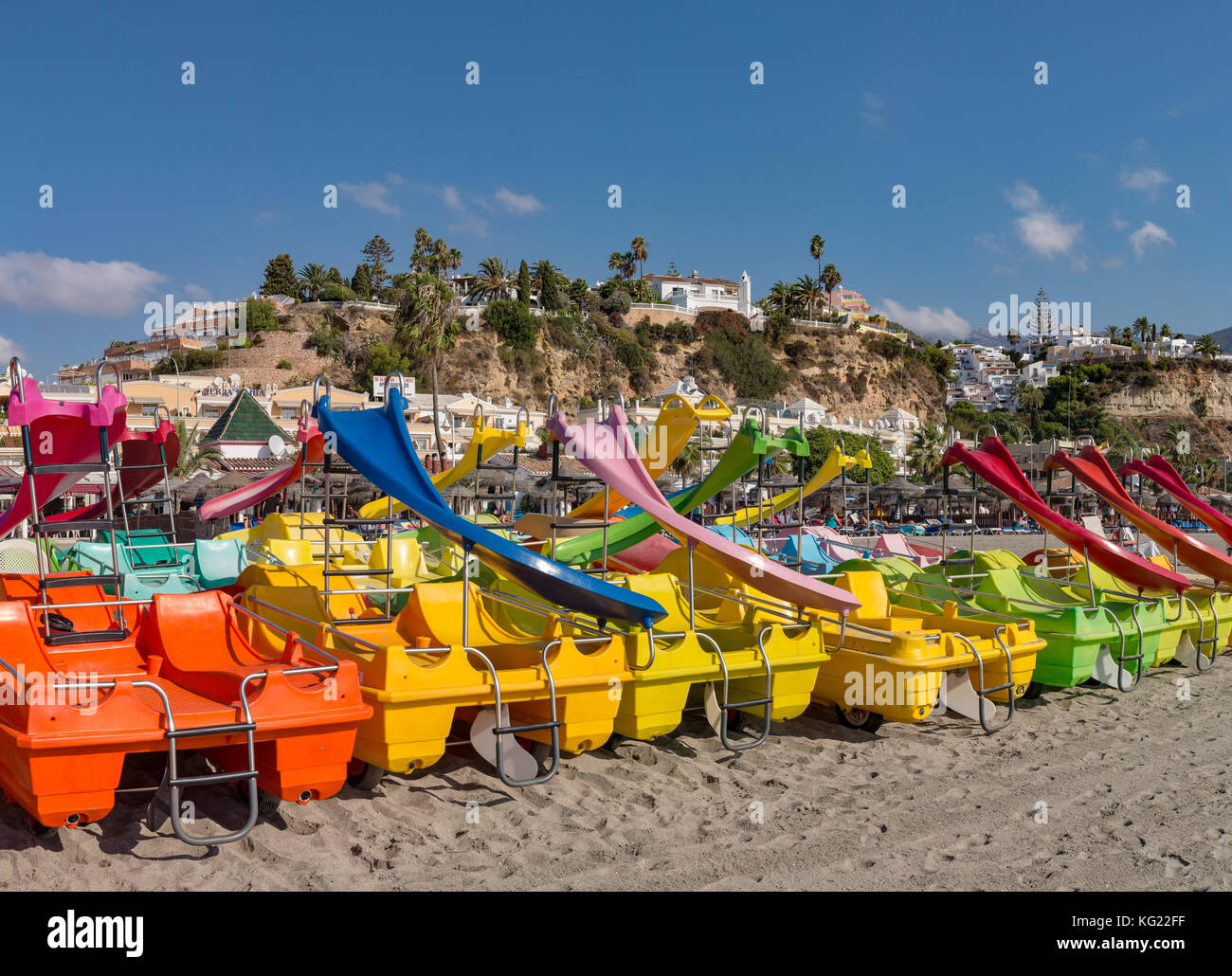 Pedal boats at the Burriana beach, Spain *** Local Caption *** landscape,  summer, beach, mountains, coast Stock Photo - Alamy