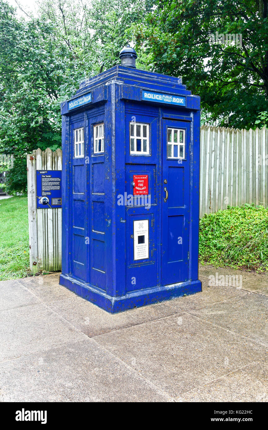 A Local police call box or 'tardis' at The National Telephone Kiosk Collection at the Avoncroft Museum of Buildings, Worcestershire, England, UK Stock Photo