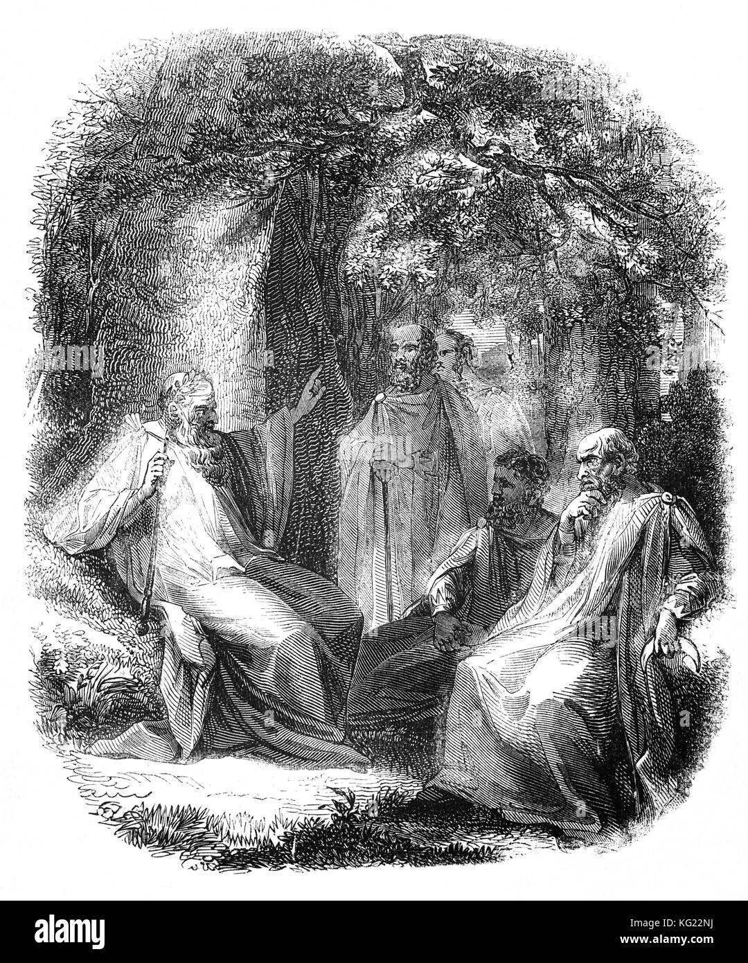 A British Arch-Druids and Druids in an oak wood glade. Acting as religious leaders, they were also legal authorities, adjudicators, lorekeepers, medical professionals and political advisors. In the 19th Century, the cult was believed to have founded Stonehenge, the prehistoric monument in Wiltshire, England Stock Photo