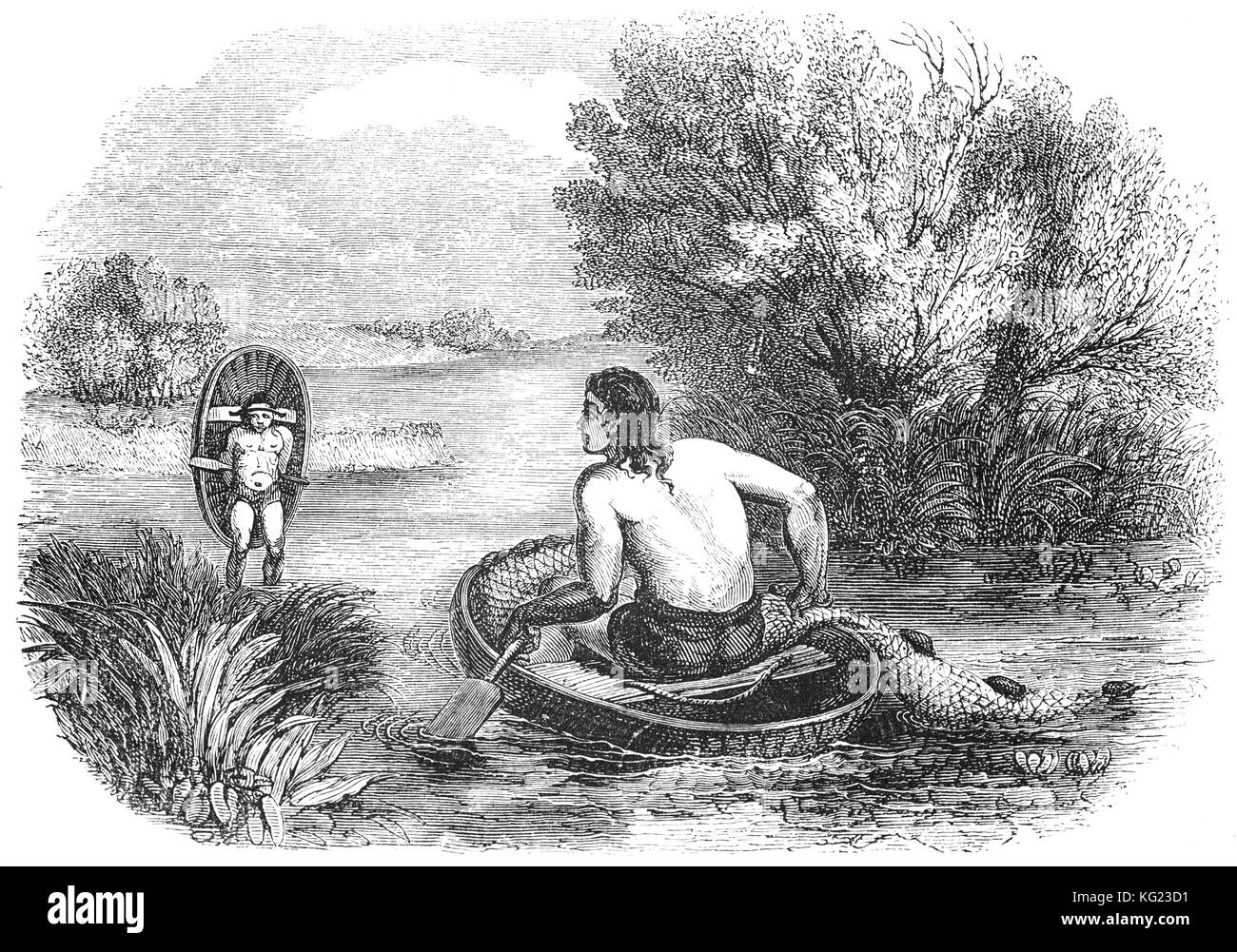 Britons in coracles, small light water craft traditionally made of willow or ash laths and covered with animal skins.  Light enough to be easily carried, in the 1st Century BC, they were normally used for fishing. England Stock Photo
