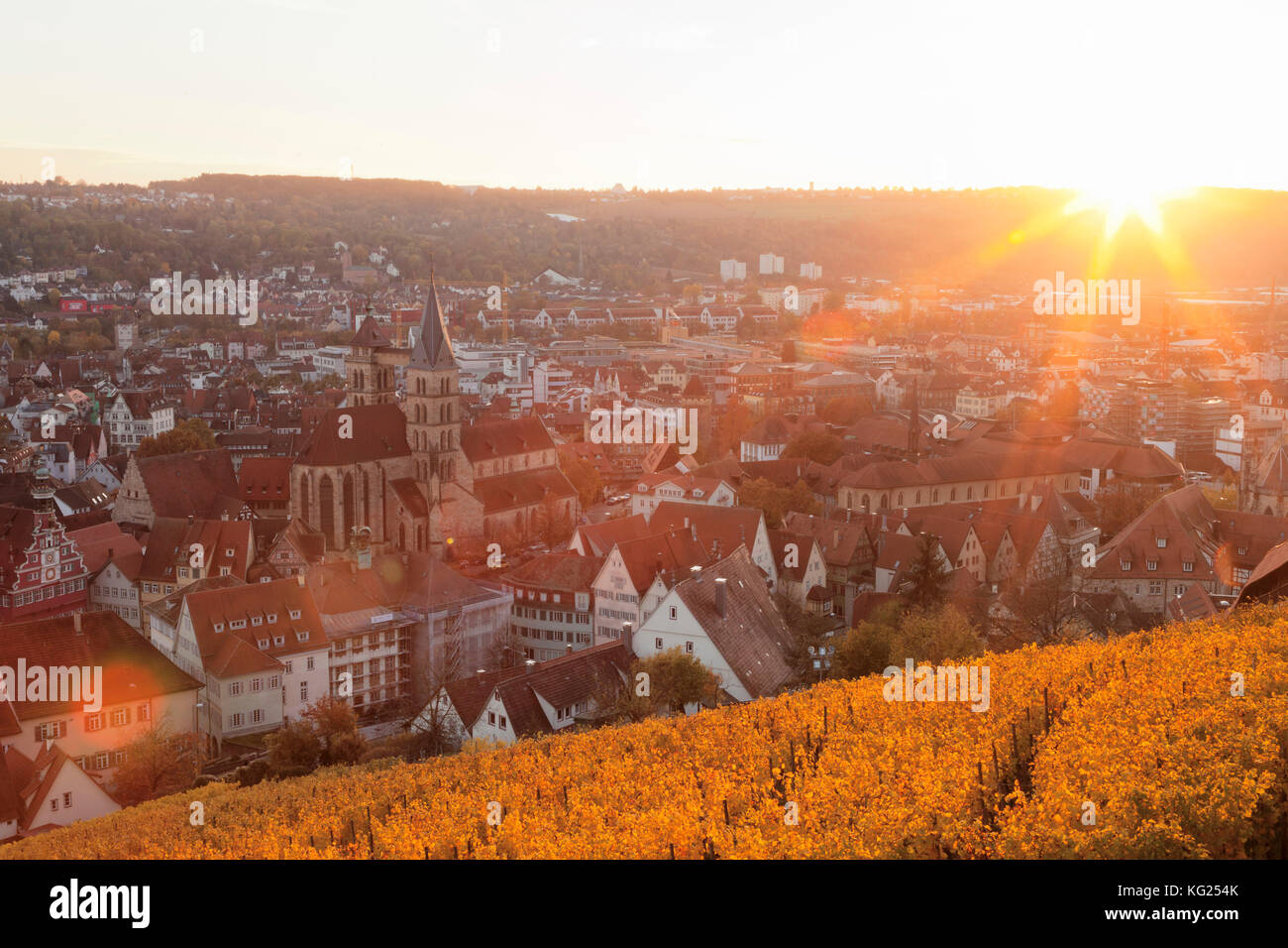 View from the castle over Esslingen at sunset, Esslingen, Baden-Wurttemberg, Germany, Europe Stock Photo