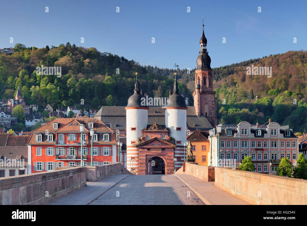 Old town with Karl-Theodor-Bridge (Old Bridge), Gate and Heilig Geist Church, Heidelberg, Baden-Wurttemberg, Germany, Europe Stock Photo
