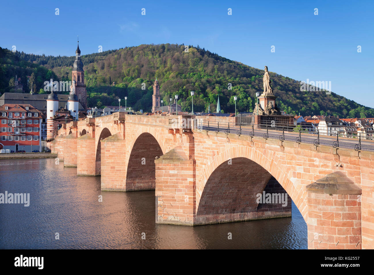 Old town with Karl-Theodor-Bridge (Old Bridge), Gate and Heilig Geist Church, Heidelberg, Baden-Wurttemberg, Germany, Europe Stock Photo