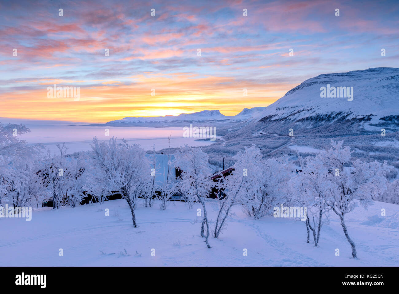 Colorful sky at sunrise, Bjorkliden, Abisko, Kiruna Municipality, Norrbotten County, Lapland, Sweden, Scandinavia, Europe Stock Photo