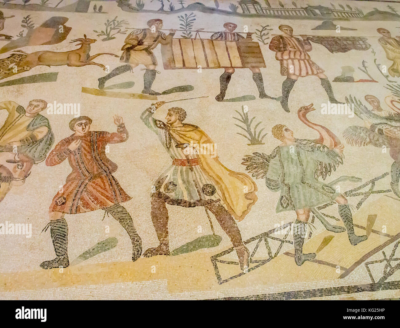 Section of floor mosaic, Villa Romana del Casale, Piazza Armerina, UNESCO World Heritage Site, Sicily, Italy, Europe Stock Photo