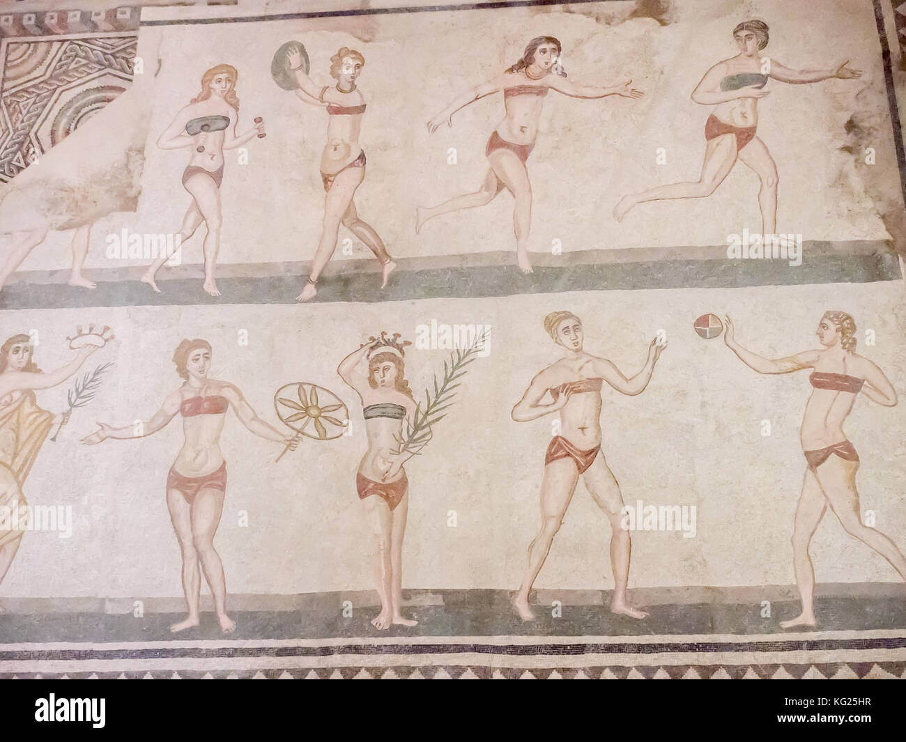 Floor mosaic of female athletes, Villa Romana del Casale, Piazza Armerina, UNESCO World Heritage Site, Sicily, Italy, Europe Stock Photo