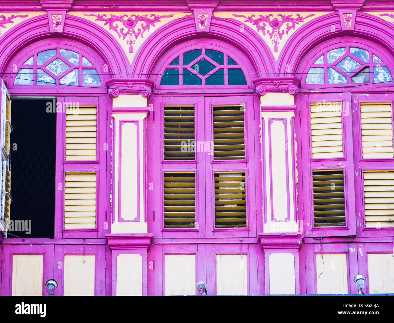 Brightly painted windows, Georgetown, Penang, Malaysia, Southeast Asia, Asia Stock Photo