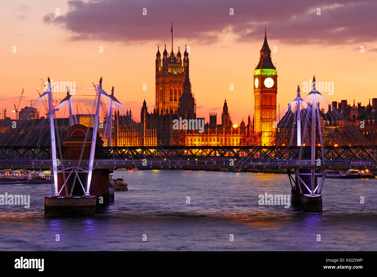 Skyline of London at dusk, with Big Ben and Houses of Parliament, London, England, United Kingdom, Europe Stock Photo