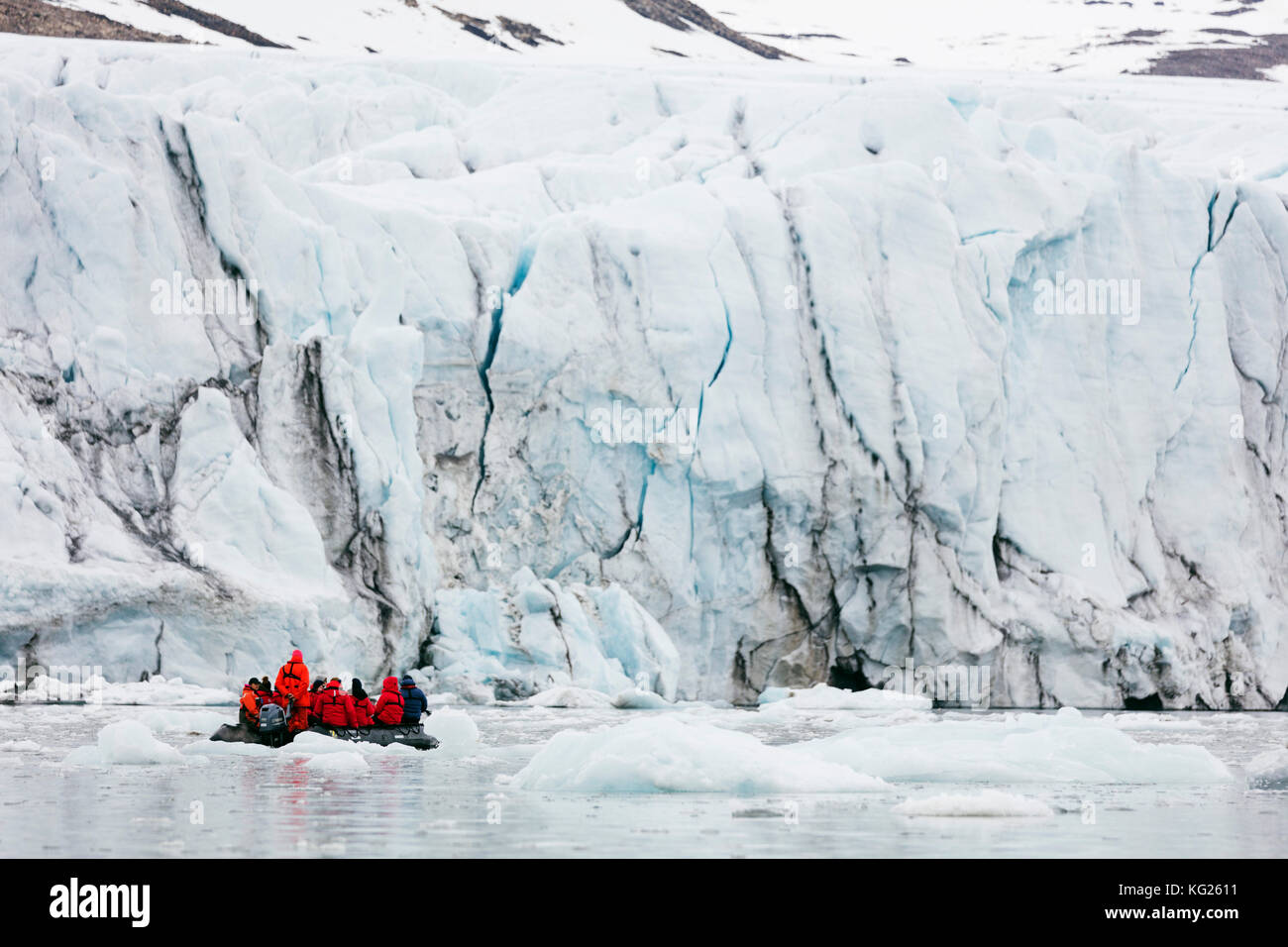 Zodiac trip for tourists, Hornbreen Glacier, Spitsbergen, Svalbard, Arctic, Norway, Europe Stock Photo