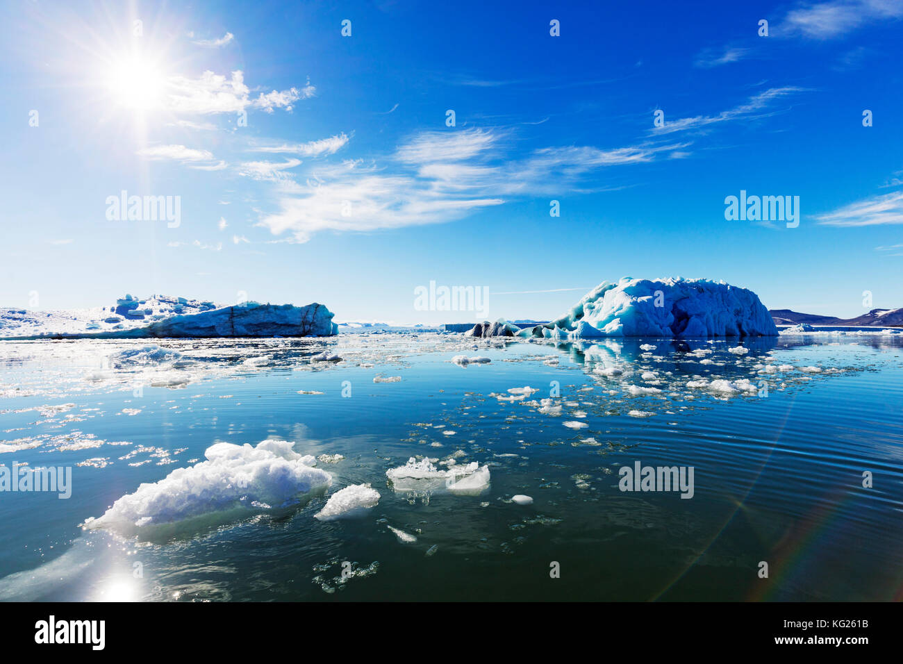Iceberg filled glacial lagoon, Spitsbergen, Svalbard, Arctic, Norway, Europe Stock Photo