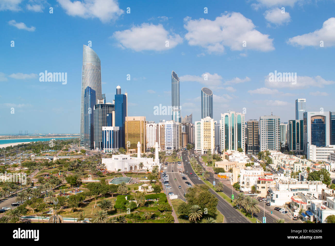 Modern city skyline, Abu Dhabi, United Arab Emirates, Middle East Stock Photo