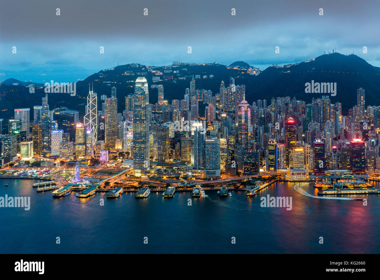 Elevated view, Harbour and Central district of Hong Kong Island and Victoria Peak, Hong Kong, China, Asia Stock Photo