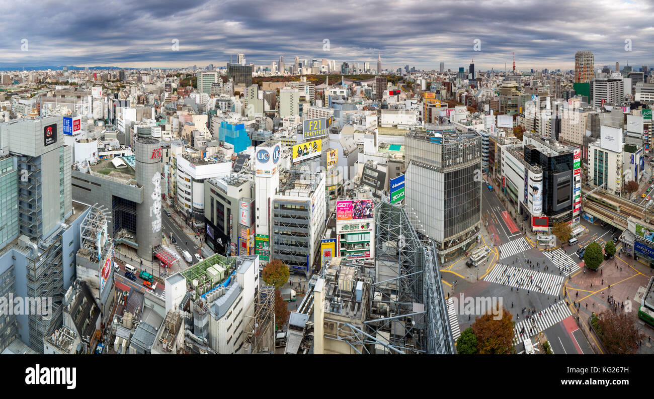 Elevated view over Shibuya Ward towards the Shinjuku skyline, Tokyo, Japan, Asia Stock Photo